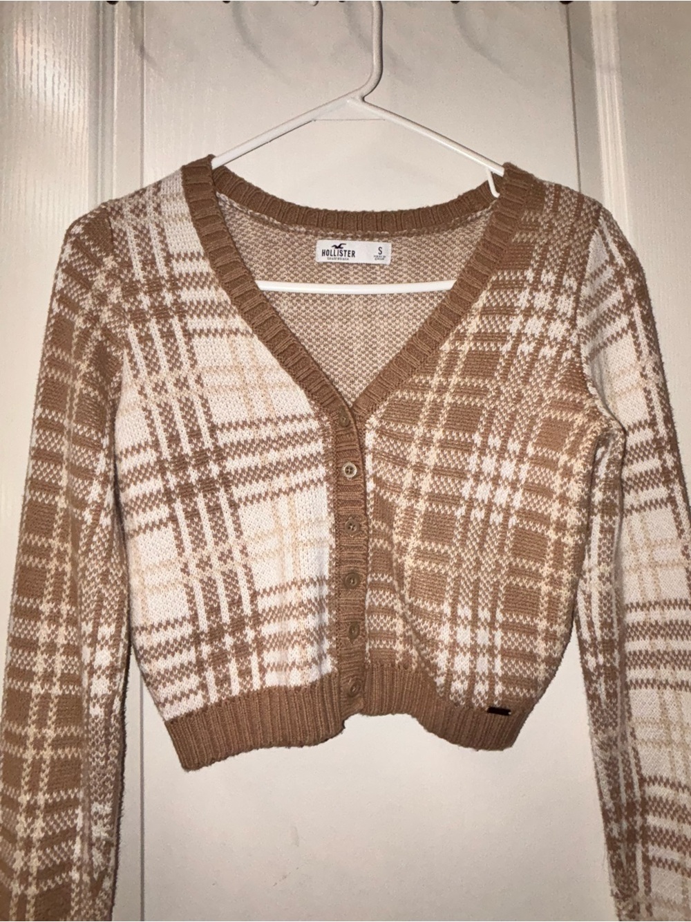 Hollister Beige & Cream Plaid V-Neck Cardigan